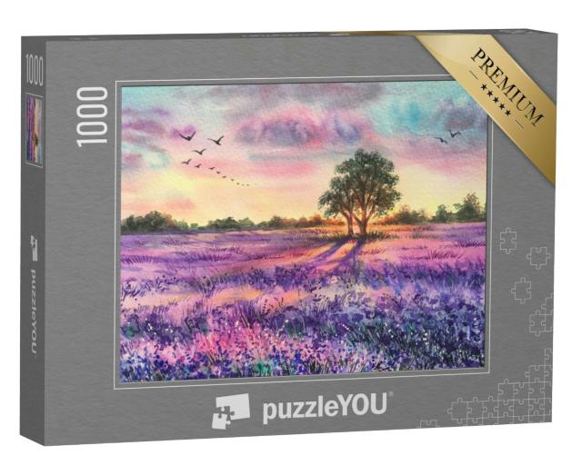Puzzle 1000 Teile „Aquarell: Sonnenuntergang über einem Lavendelfeld“