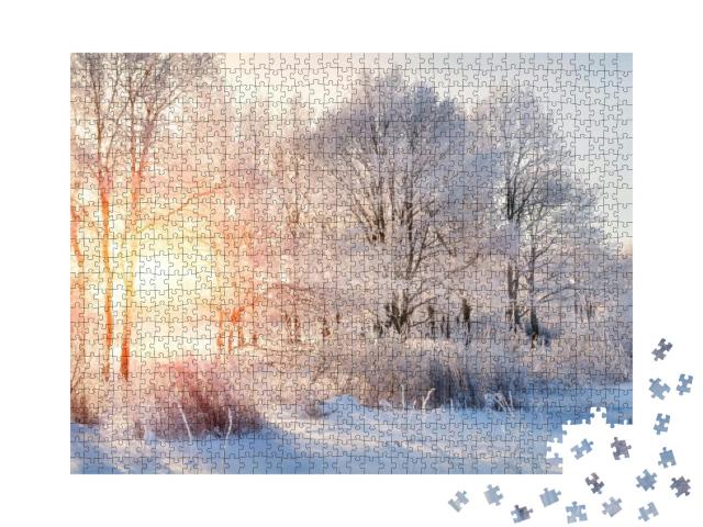 Puzzle 1000 Teile „Frostige Bäume im verschneiten Wald an einem sonnigen Morgen“