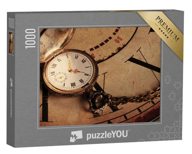Puzzle 1000 Teile „Hintergrund mit Vintage-Uhren, goldene Taschenuhr“