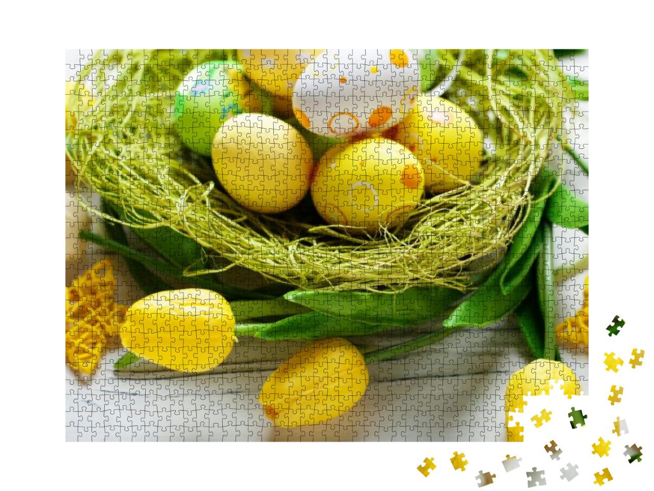 Puzzle 1000 Teile „Wunderschöne gelbe Ostereier mit gelben Tulpen“