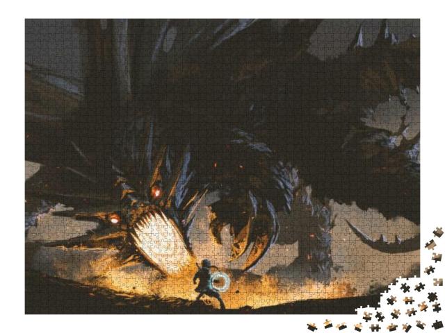 Puzzle 2000 Teile „Fantasy-Szene: Mädchen im Kampf gegen den Feuerdrachen“