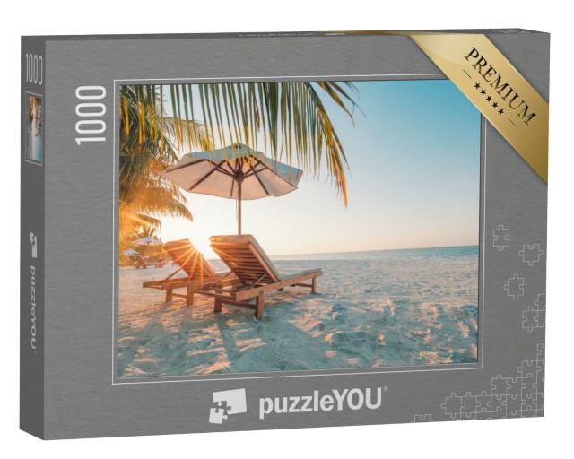 Puzzle 1000 Teile „Wunderschönes Strandparadies mit weißem Sand im Sonnenuntergang“
