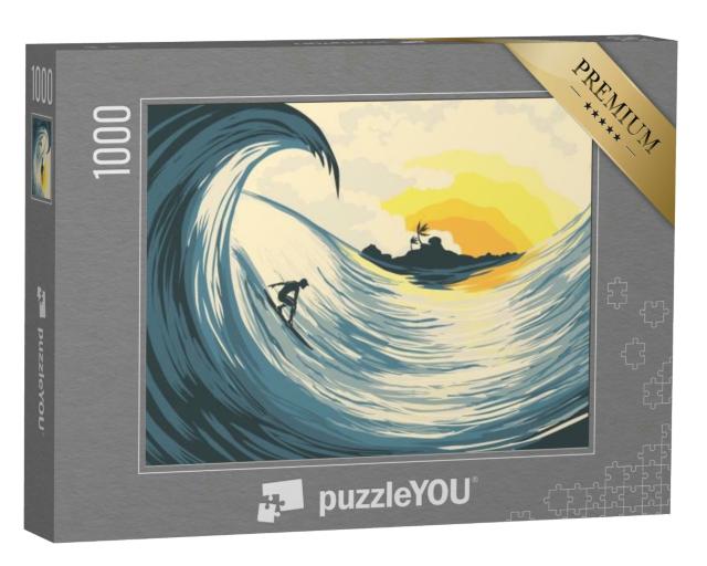 Puzzle 1000 Teile „Tropische Insel: Welle und Surfer bei Sonnenuntergang“