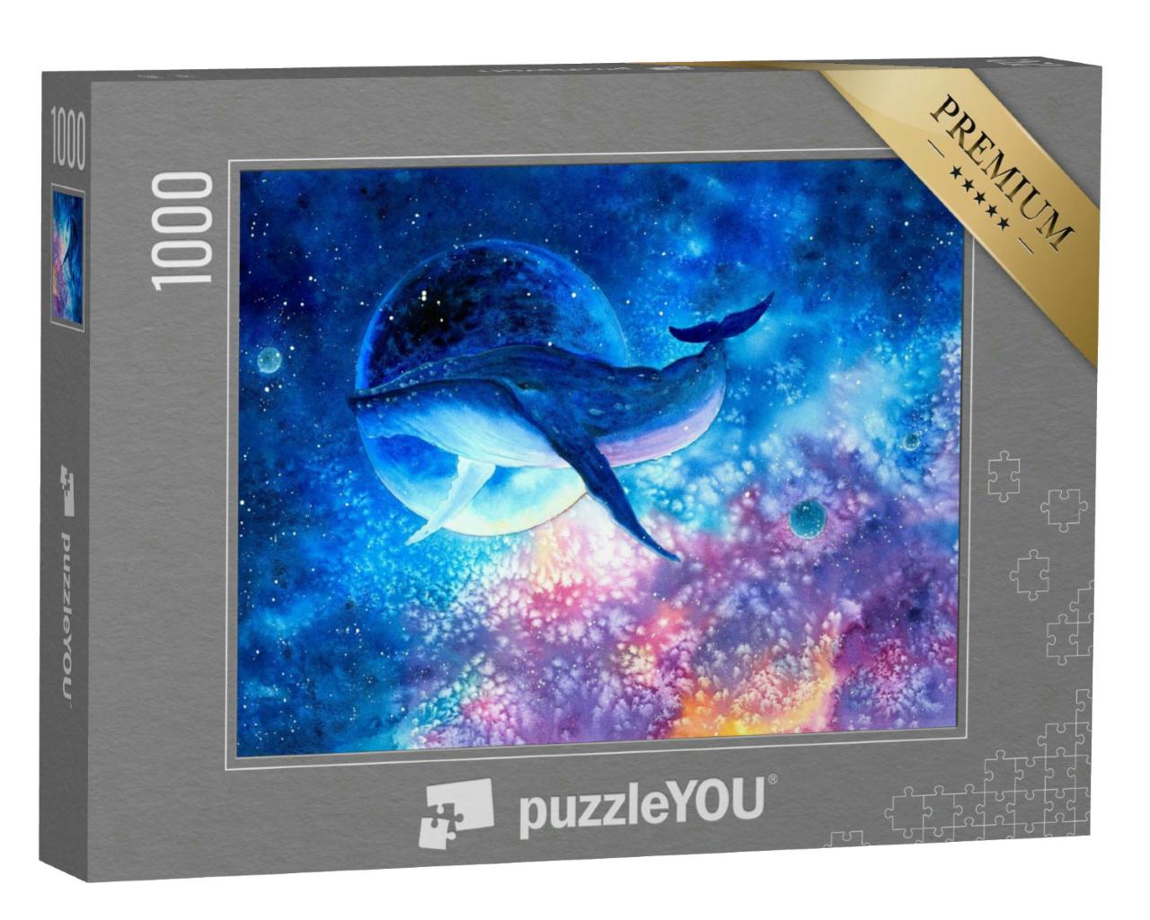 Puzzle 1000 Teile „Aquarellmalerei: Wal taucht in die Tiefen des Weltraums“