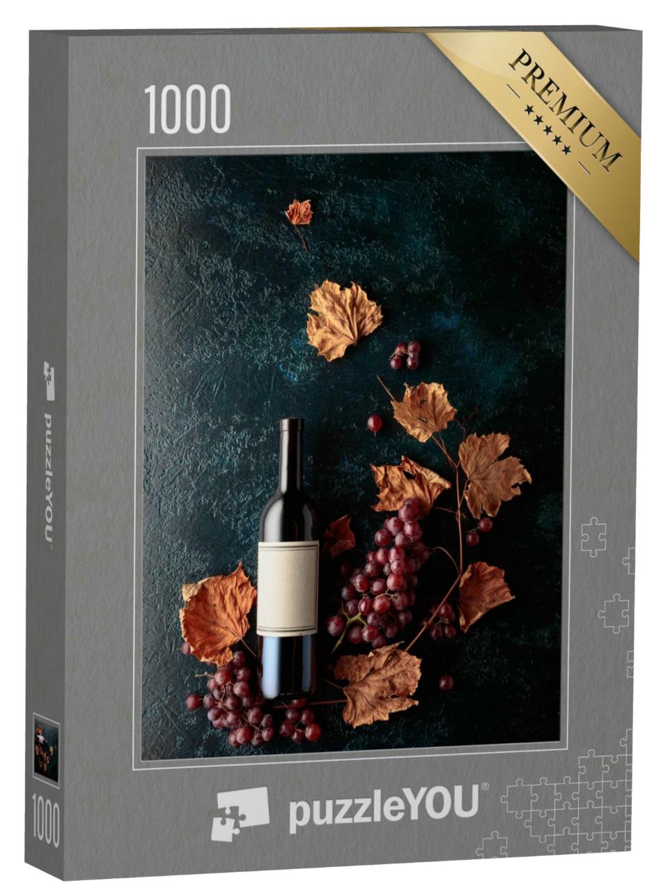 Puzzle 1000 Teile „Rotweinflasche mit reifen Trauben und vertrockneten Weinblättern“