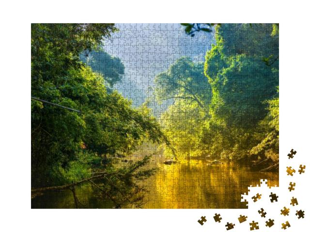 Puzzle 1000 Teile „Tropischer Wald mit Dschungel und Fluss am Morgen“