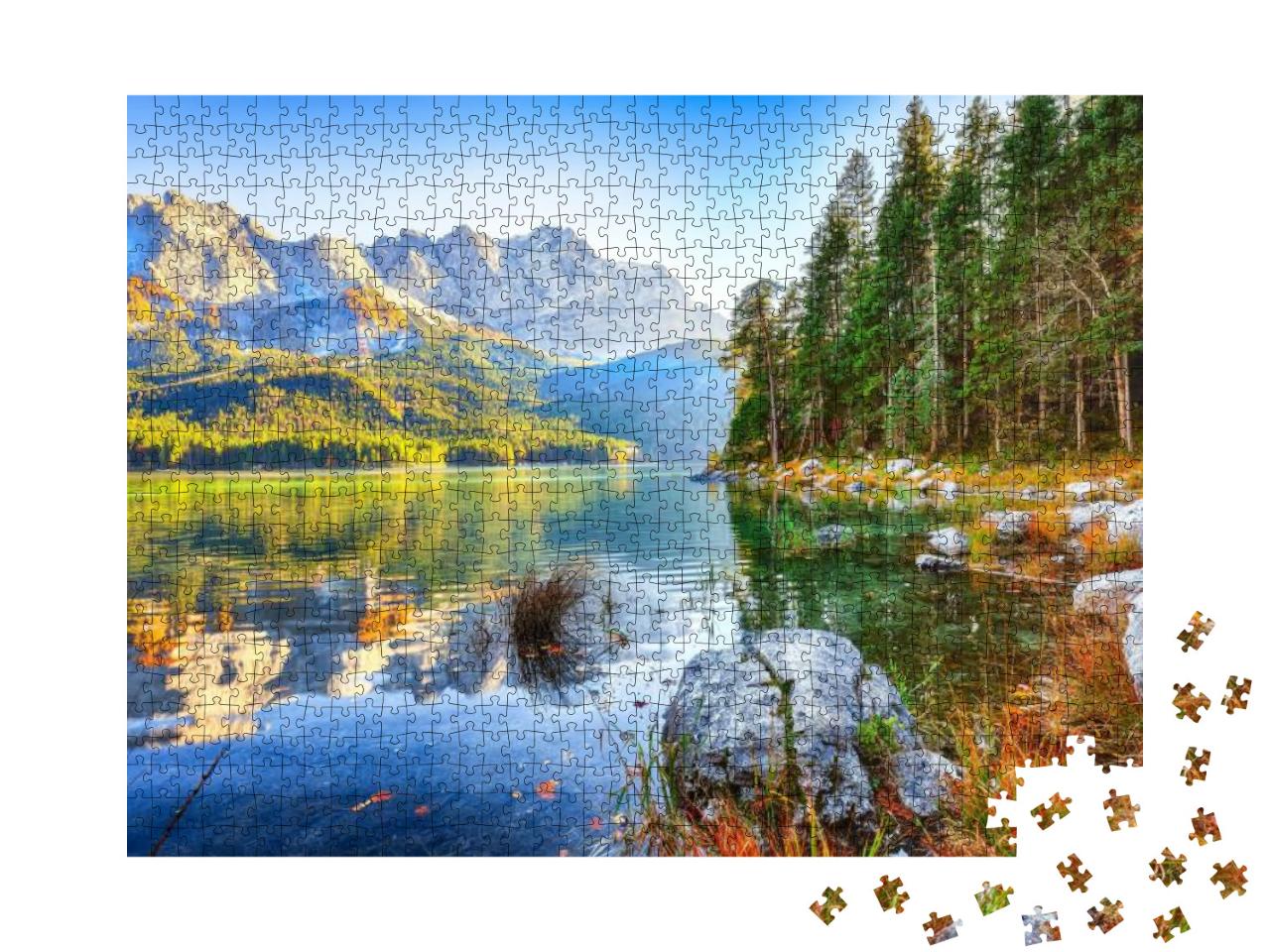 Puzzle 1000 Teile „Eibsee vor dem Gipfel der Zugspitze im Herbstlist, Bayern, Deutschland“