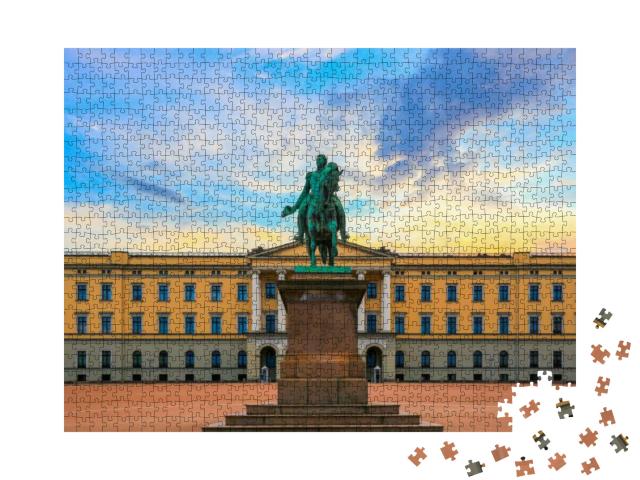Puzzle 1000 Teile „Königspalast und Statue von König Karl Johan bei Sonnenuntergang, Oslo“