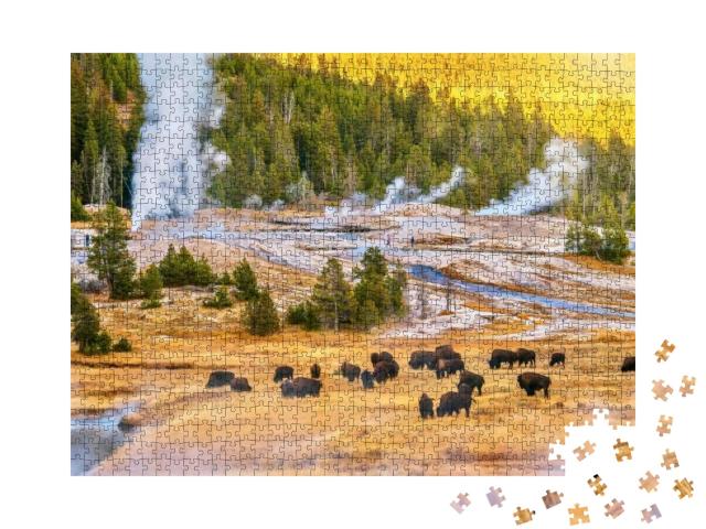 Puzzle 1000 Teile „Bisonherde bei Sonnenuntergang im Upper Geyser Basin im Yellowstone-Nationalpark“