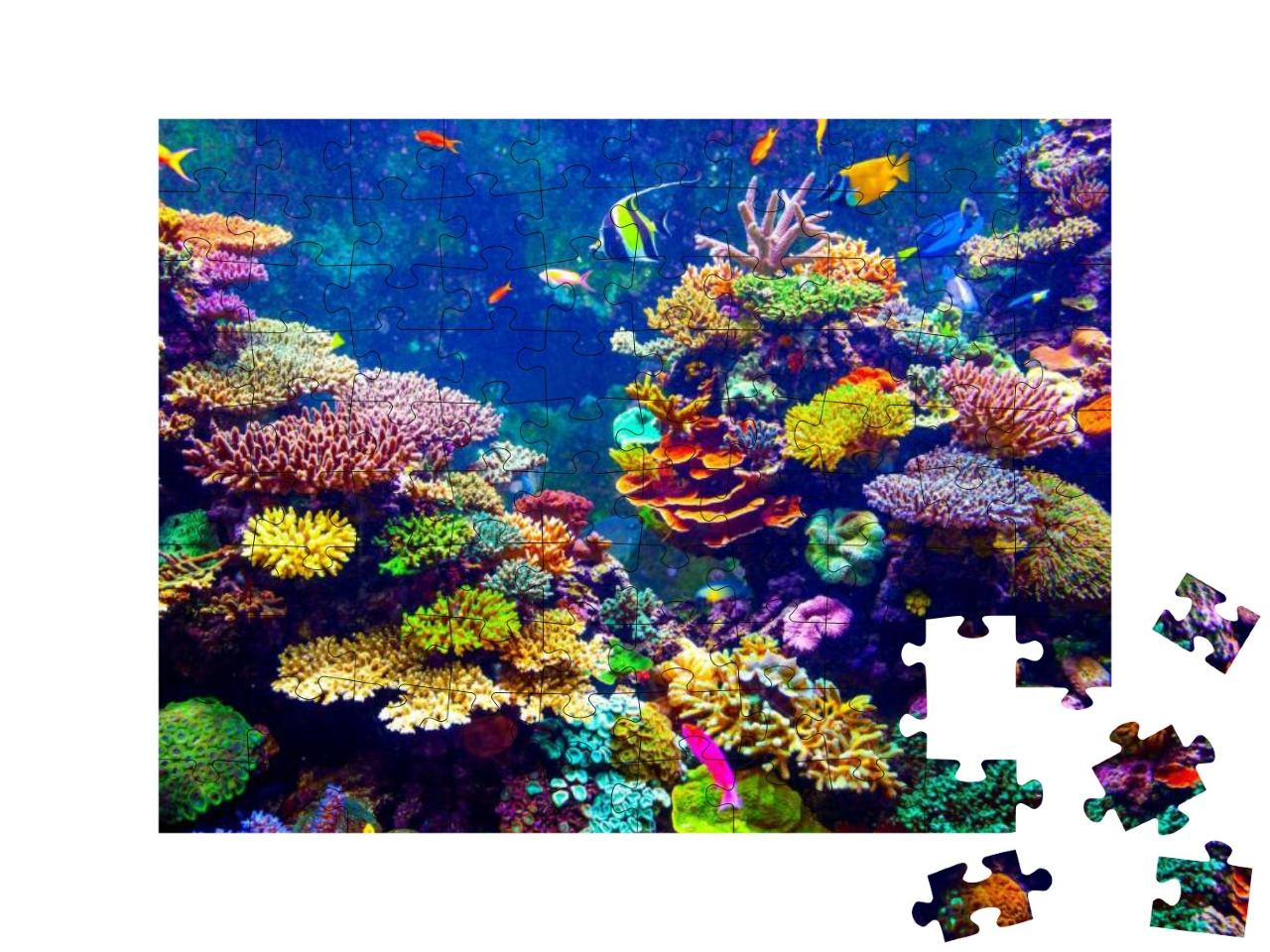 Puzzle 100 Teile „Singapur Aquarium: Korallenriff und tropische Fische im Sonnenlicht“