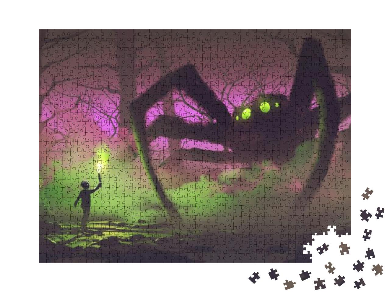 Puzzle 1000 Teile „Junge mit einer Fackel vor einer riesigen Spinne in geheimnisvollem Wald“