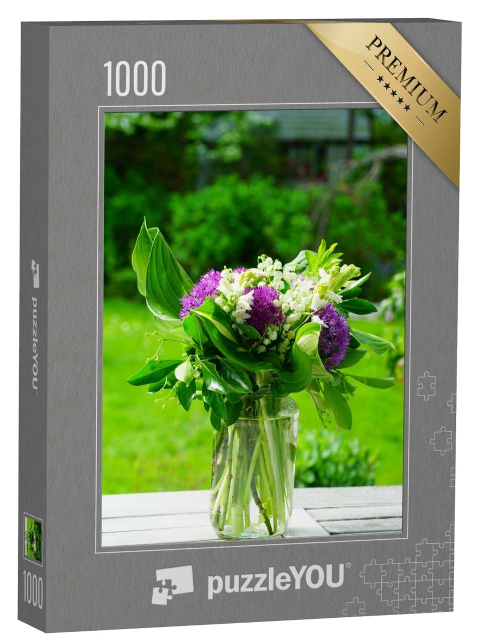 Puzzle 1000 Teile „Weiß-violettes Blumenarrangement: Allium, Maiglöckchen und Pfingstrosen, Frühling“