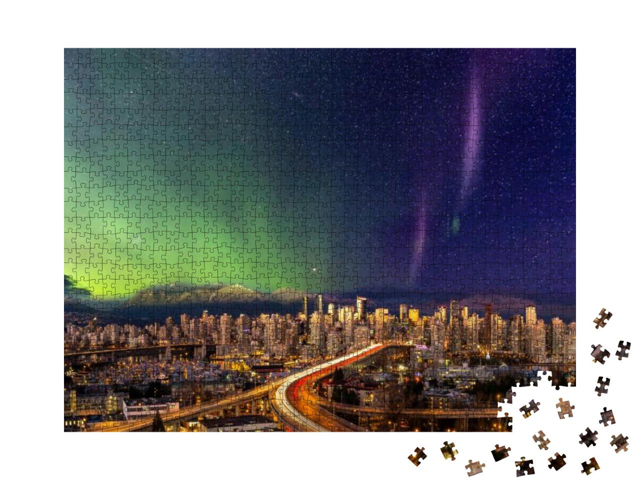 Puzzle 1000 Teile „Panoramablick: Stadtzentrum von Vancouver mit Polarlicht, British Columbia, Kanada“