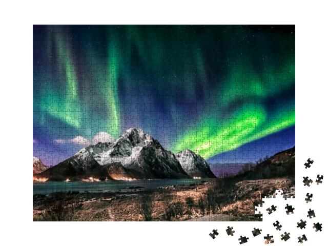 Puzzle 1000 Teile „Landschaft der Lofoten: Besuch im Winter mit Polarlicht, Norwegen“