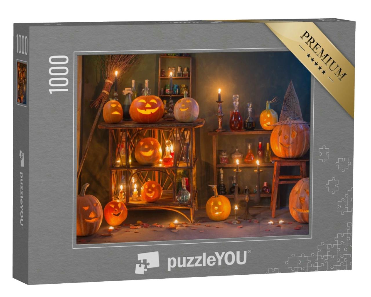Puzzle 1000 Teile „Wunderschöne Halloween-Dekoration mit Kürbissen und Zaubertränken“