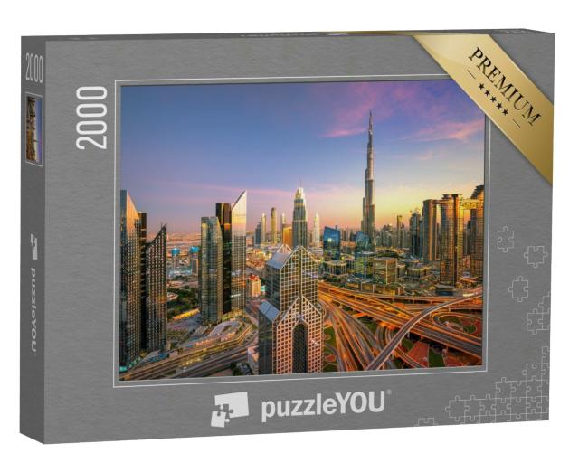 Puzzle 2000 Teile „Luxus-Wolkenkratzer bei Sonnenuntergang: Skyline von Dubai“