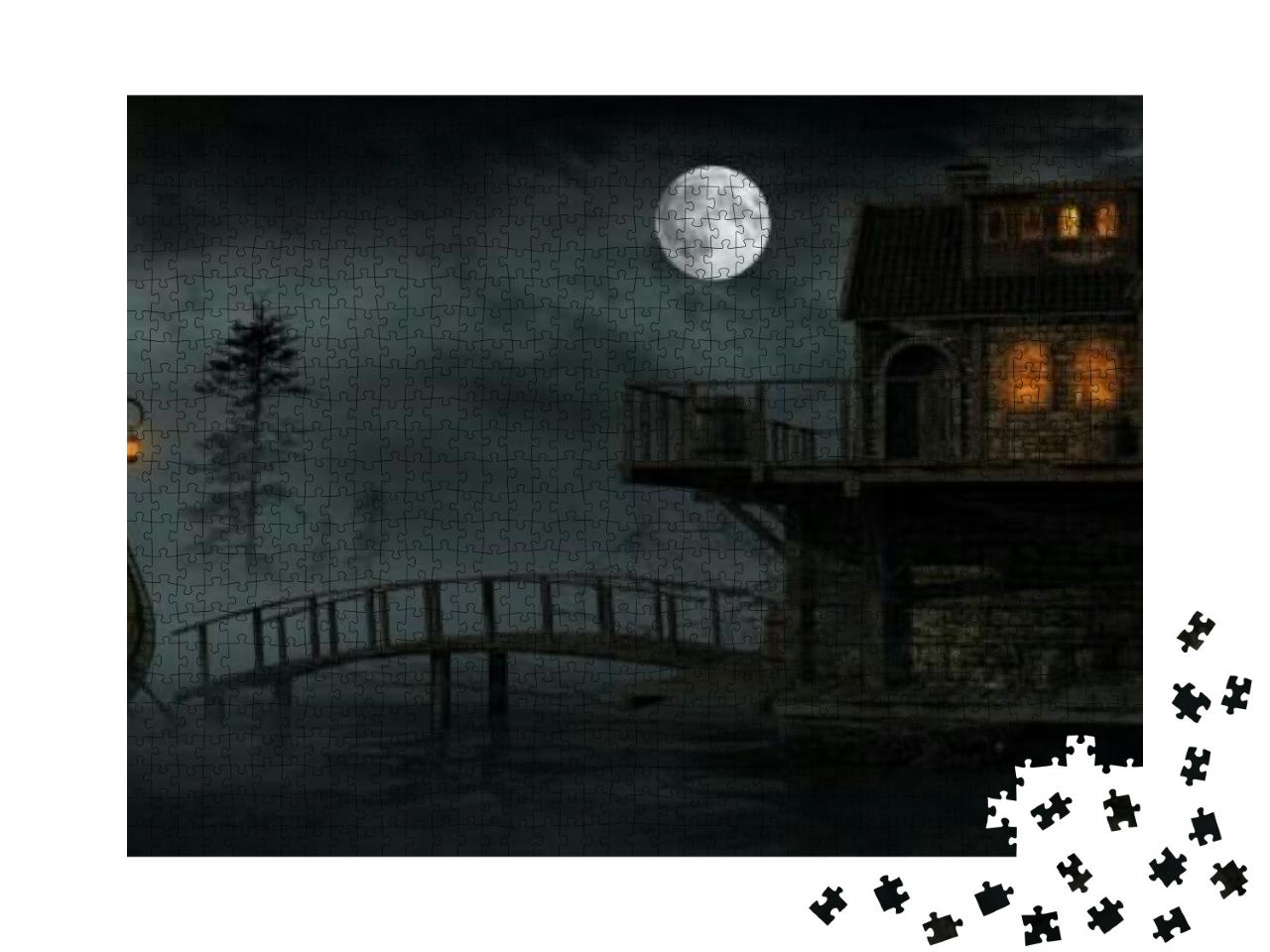 Puzzle 1000 Teile „Illustration: Nachtszene mit Boot und Nebel über dem Wasser“