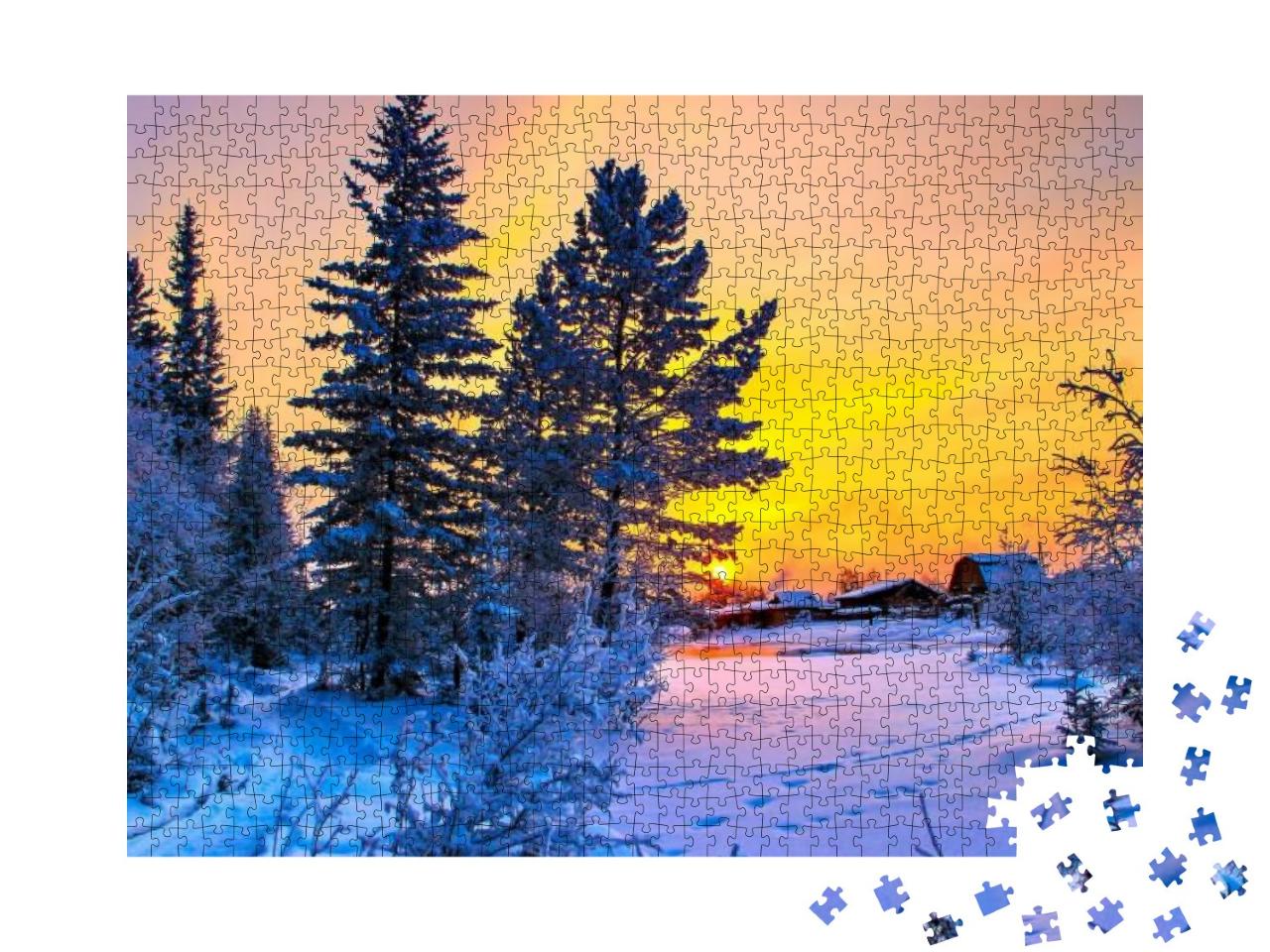 Puzzle 1000 Teile „Schöne Winterlandschaft, Schnee, Natur bei Sonnenuntergang“
