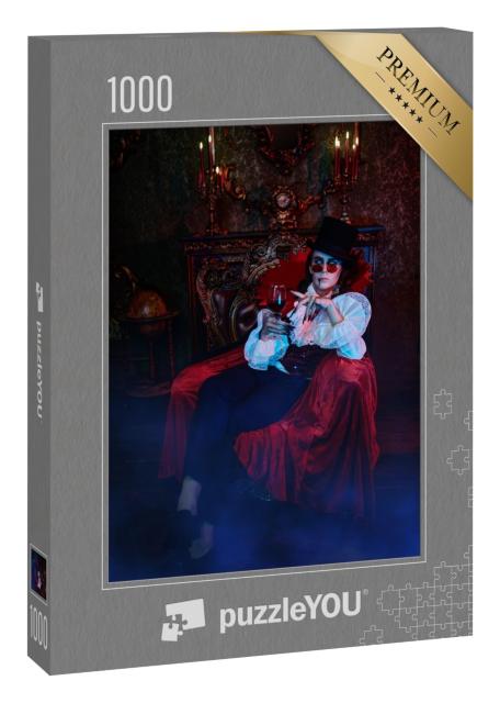 Puzzle 1000 Teile „Vampir-Aristokrat des 19. Jahrhunderts im eleganten Anzug auf seinem Thron“