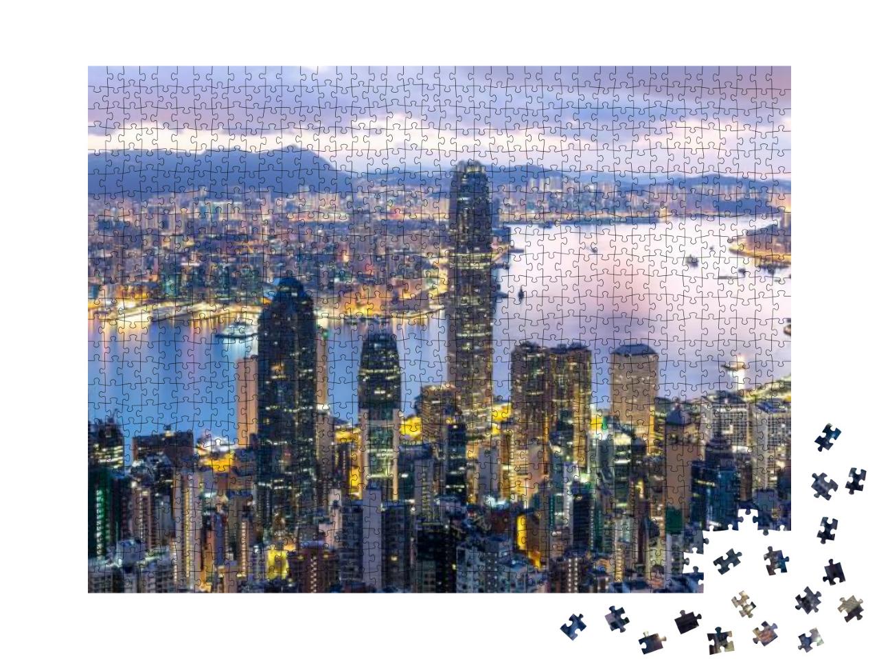 Puzzle 1000 Teile „Sonnenaufgang über dem hell erleuchteten Hongkong“
