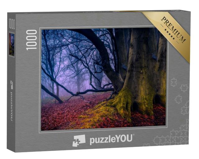 Puzzle 1000 Teile „Herbstszene: nebliger Feenwald mit großem Baumstamm“