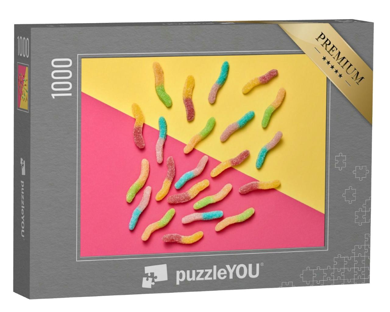 Puzzle 1000 Teile „Saure Gummibärchen auf einem gelb-rosa Hintergrund, Süßigkeiten“