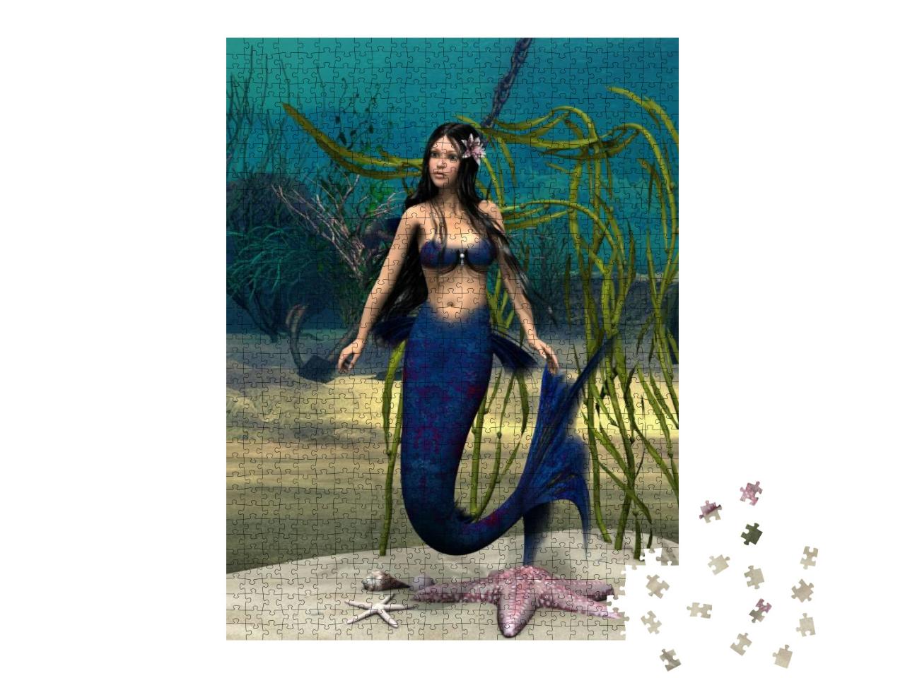 Puzzle 1000 Teile „Digitale Kunst: Meerjungfrau im blauem Fantasy-Ozean“