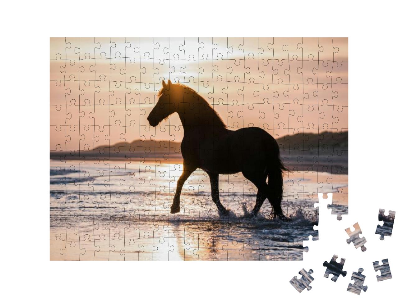 Puzzle 200 Teile „Schwarzes Pferd trabt frei am Strand gegen das Abendlicht“