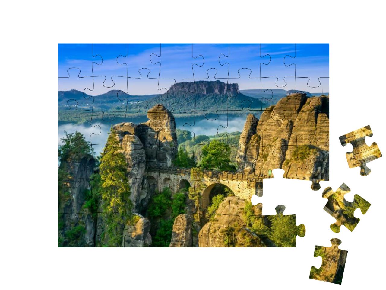 Puzzle 48 Teile „Sonnenaufgang an der Bastei in der Sächsischen Schweiz, Deutschland“