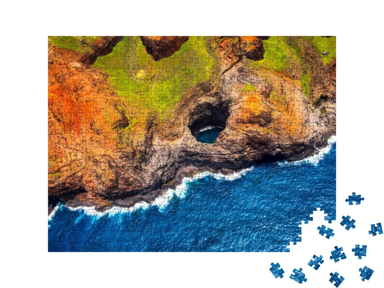 Puzzle 500 Teile „Luftaufnahme der Na-Pali-Küste mit offener Höhle aus dem Hubschrauber, Kauai, Hawaii“