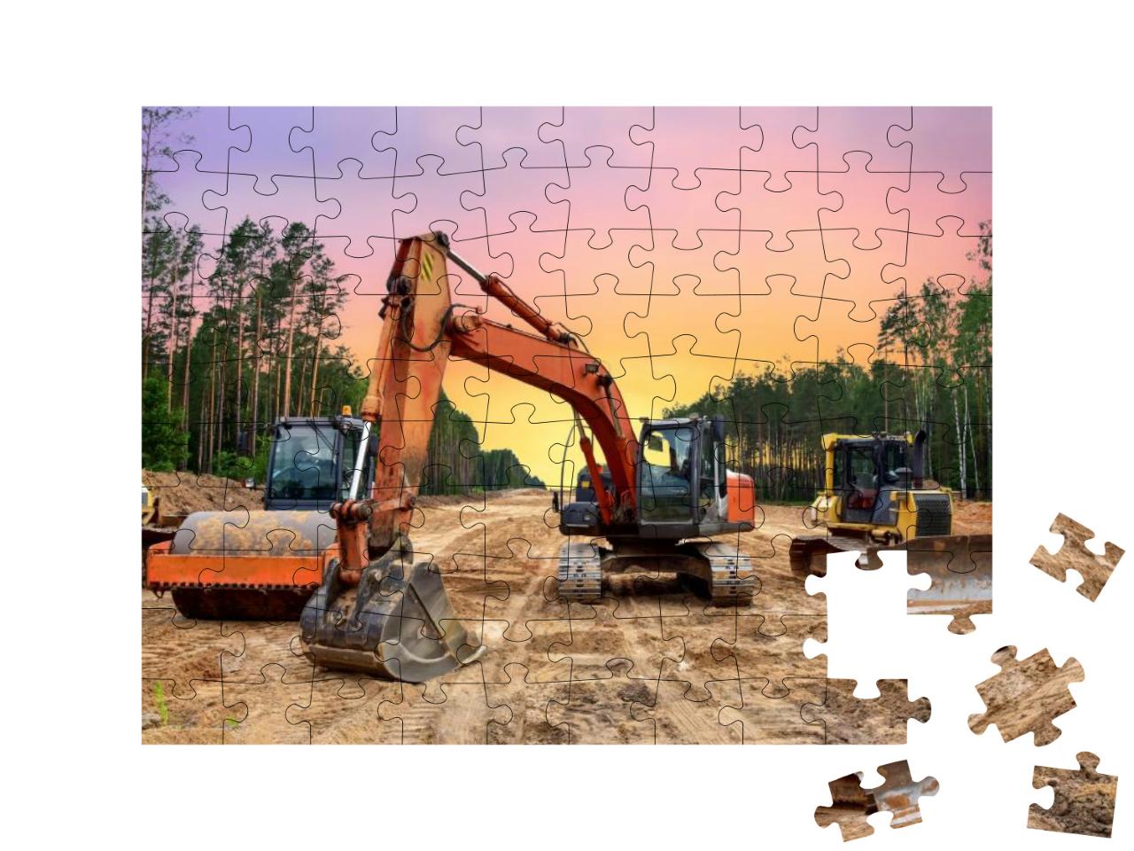 Puzzle 100 Teile „Bulldozer, Bagger und Bodenverdichter bei Straßenbauarbeiten“