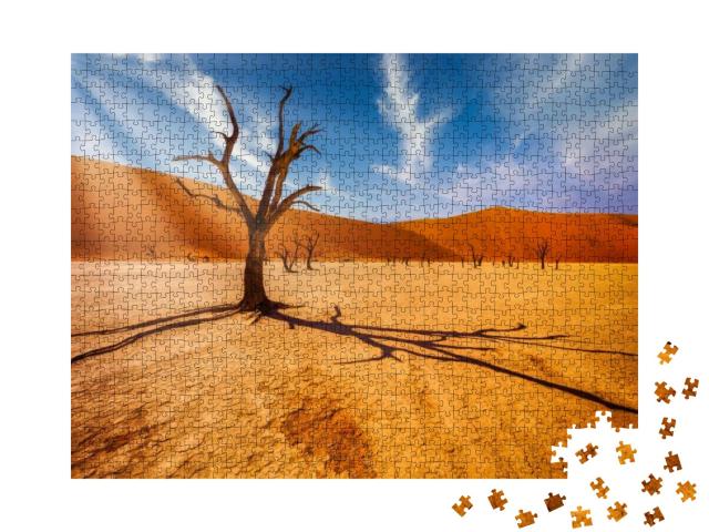Puzzle 1000 Teile „Baum in der Wüste vor den Dünen eines toten Tals in der Namib-Wüste, Südafrika“