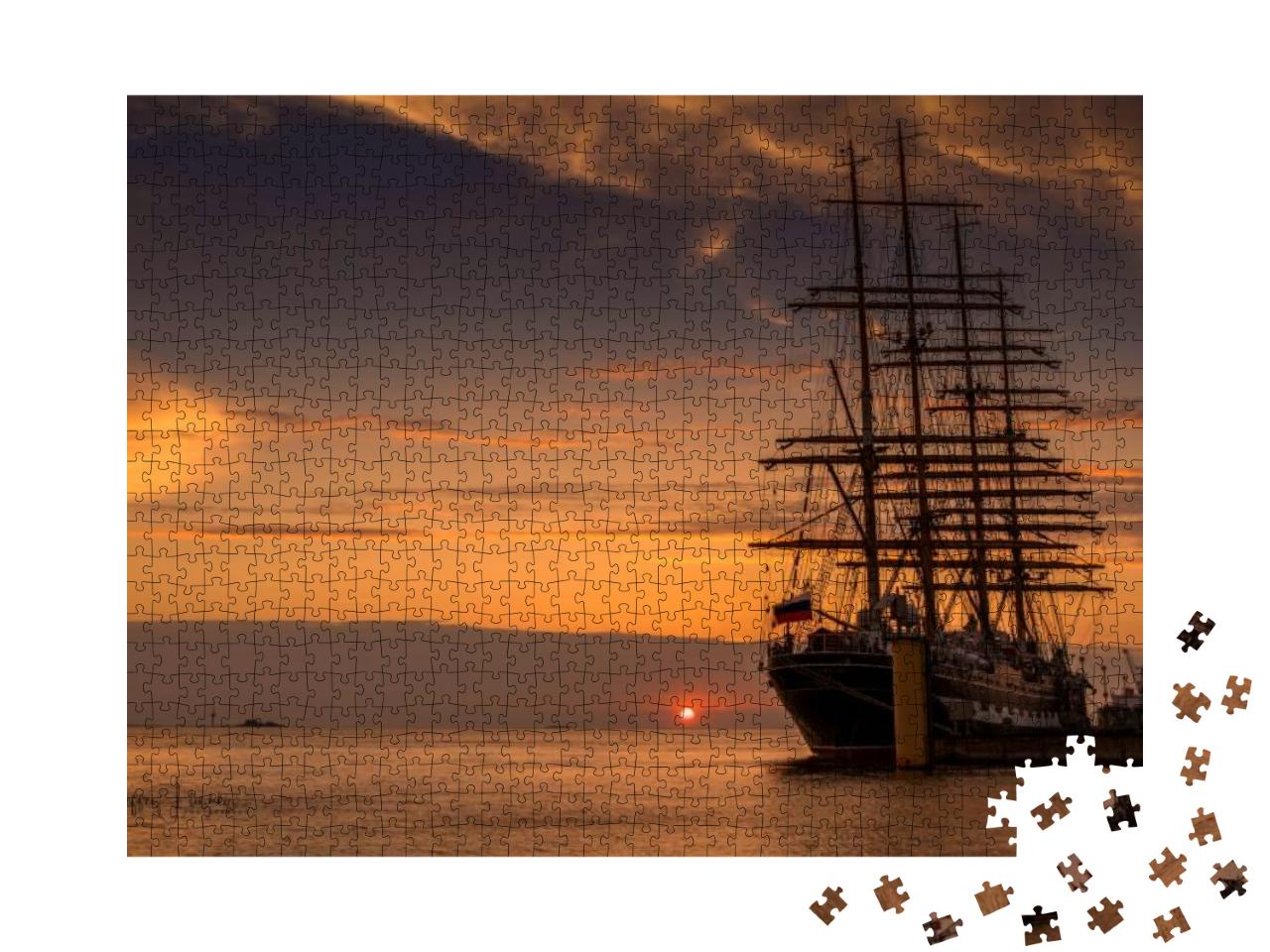 Puzzle 1000 Teile „Segelschiff zurück im Hafen: Sonnenuntergang an der Nordsee“