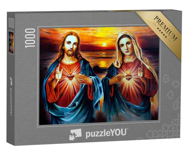 Puzzle 1000 Teile „Jesus Christus und Maria mit Herz, ein Ölgemälde“