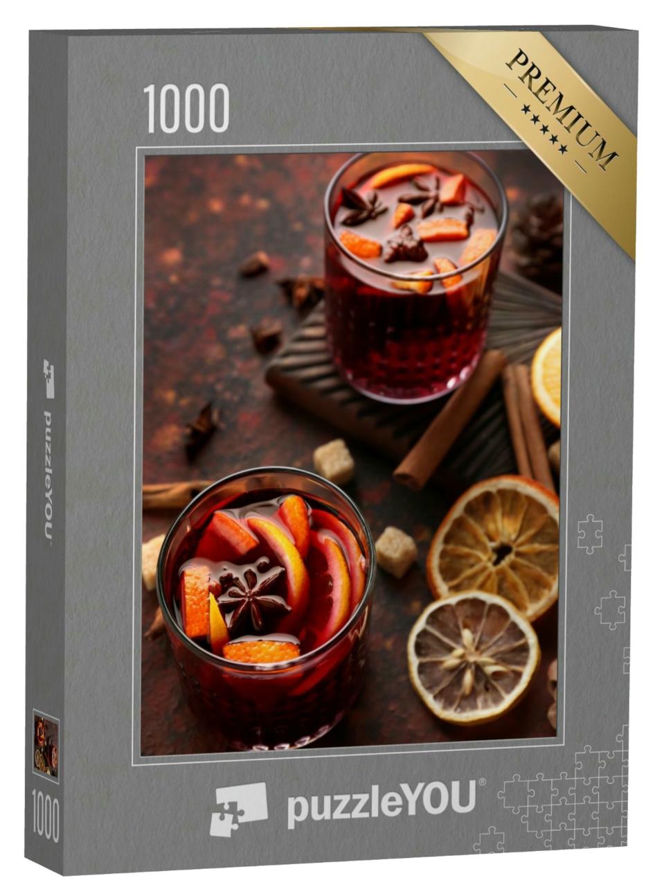 Puzzle 1000 Teile „Gläser mit leckerem Glühwein auf einem Tisch mit Orangen und Zimtstangen“