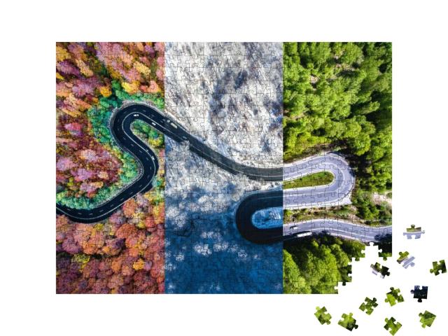 Puzzle 500 Teile „Kurvenreiche Straße im Wald, Herbst-, Sommer- und Winterzeit-Collage, Luftaufnahme“