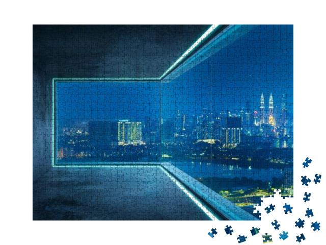 Puzzle 1000 Teile „Blick aus einem leeren Loft auf die Skyline der Stadt“
