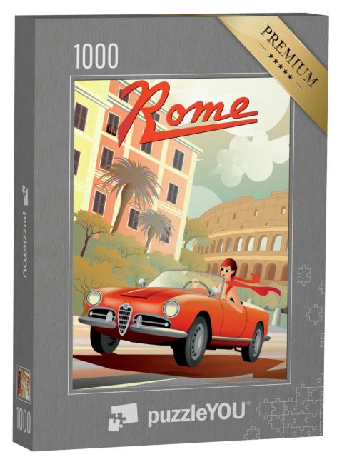 Puzzle 1000 Teile „Retro-Plakat: junge Frau fährt rotes Retro-Auto, im Hintergrund Kolosseum, Rom“