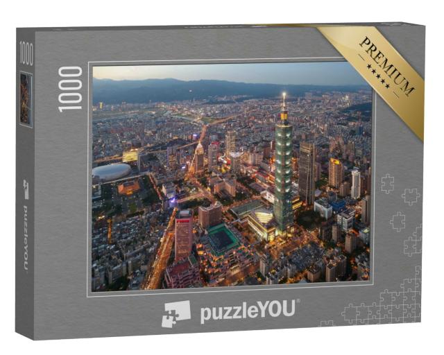 Puzzle 1000 Teile „Skyline des Stadtzentrums von Taipeh, Taiwan, in der Abenddämmerung“