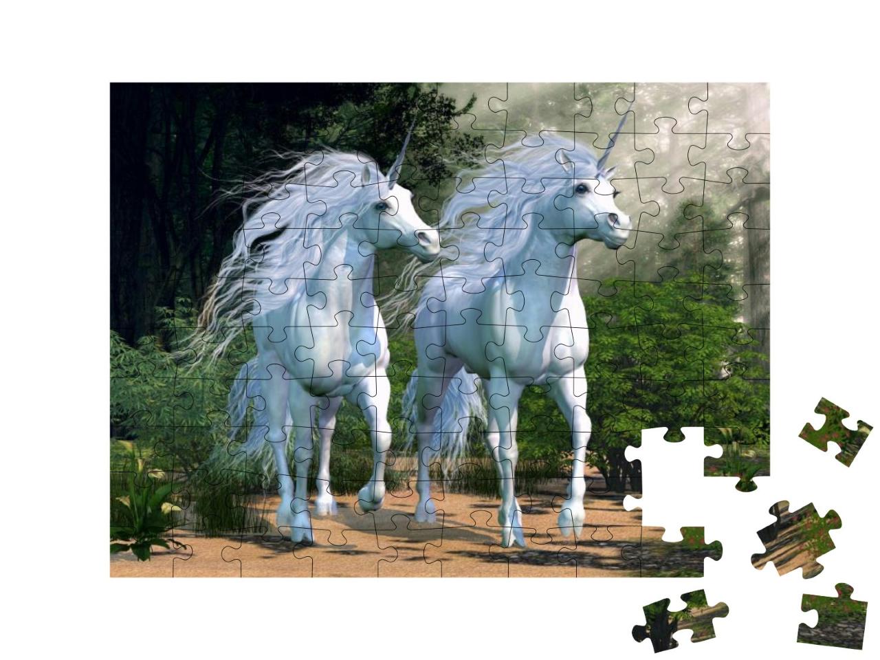 Puzzle 100 Teile „Zauberhafte Einhörner im verwunschenen Wald“