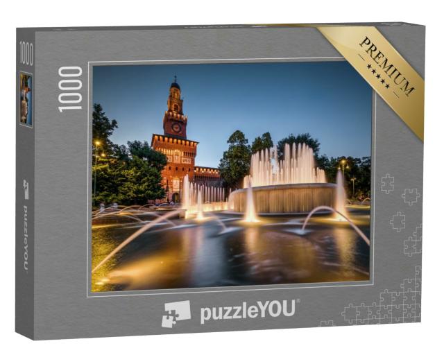 Puzzle 1000 Teile „Castello Sforzesco mit abendlich beleuchtetem Brunnen, Mailand, Italien“