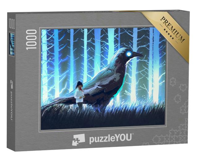 Puzzle 1000 Teile „Illustration: Mädchen mit Krähe im blauen Wald“