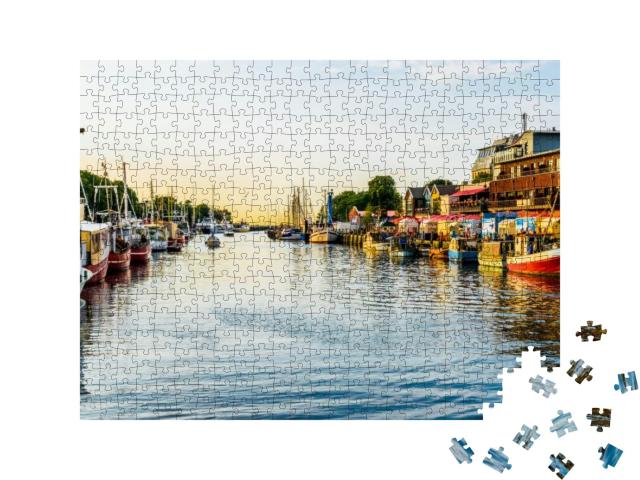 Puzzle 500 Teile „Kanal mit Schiffen und Ostsee in Warnemünde, Rostock, Deutschland“