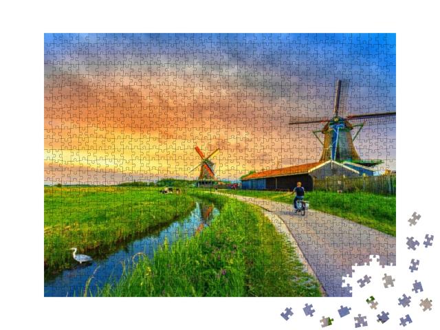 Puzzle 1000 Teile „Windmühlen und Fluss bei Sonnenuntergang, Holland, Niederlande“