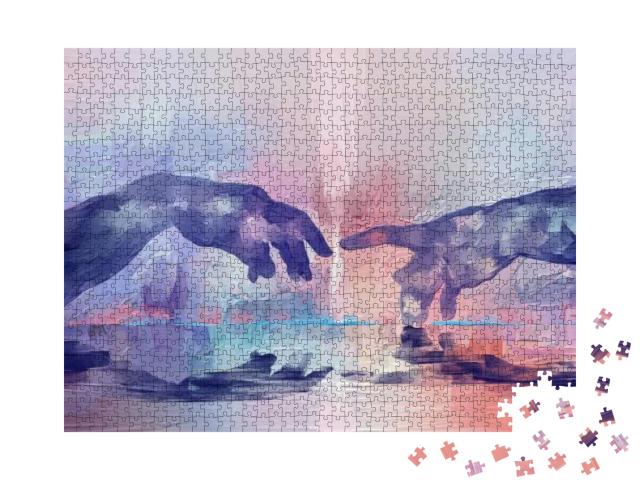 Puzzle 1000 Teile „Kunstmalerei: Surrealistische Hände nach Michelangelos Meisterwerk“
