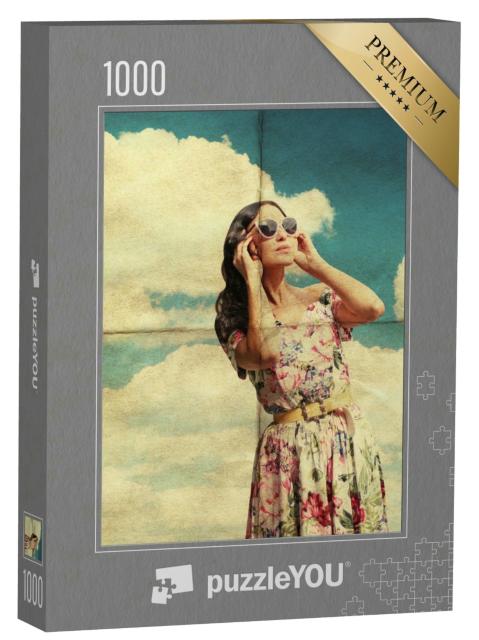 Puzzle 1000 Teile „Schönheit: junge Frau mit Sonnenbrille, Vintage-Muster, Retro-Kleid“