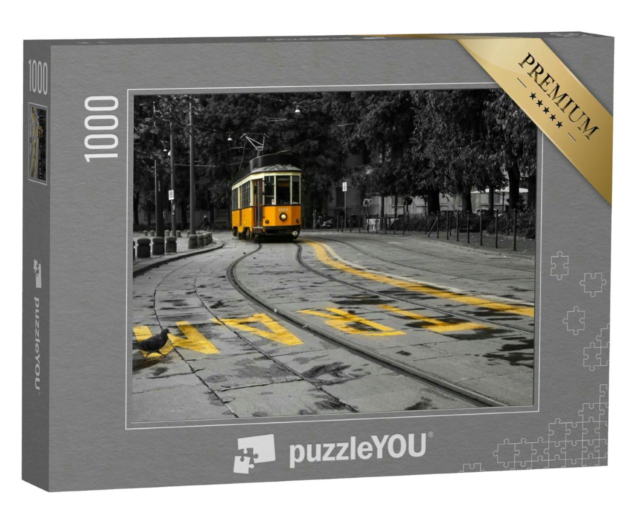 Puzzle 1000 Teile „Gelbe Straßenbahn in Mailand, Italien, die durch das Stadtzentrum fährt“