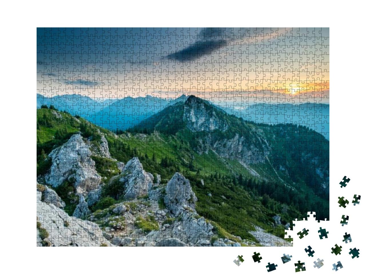 Puzzle 1000 Teile „Sonnenuntergang am Teufelstaettkopf in den Ammergauer Alpen“
