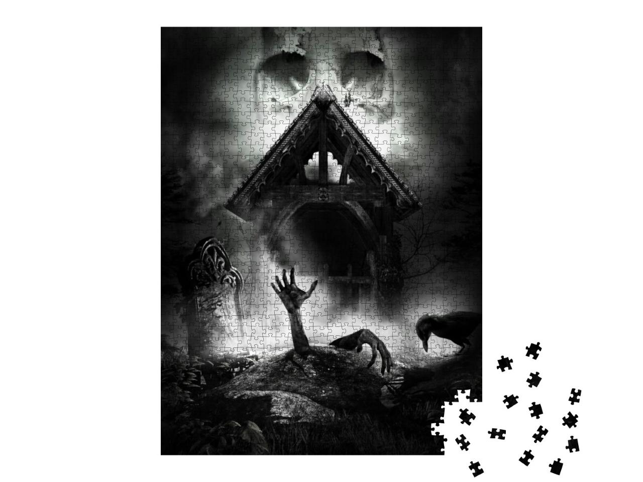 Puzzle 1000 Teile „Illustration: Gothic-Szene mit Grabstein und auferstehendem Zombie“