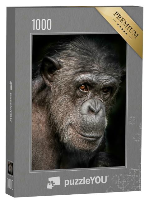 Puzzle 1000 Teile „Ein Porträtfoto eines weiblichen Schimpansen, Nahaufnahme“